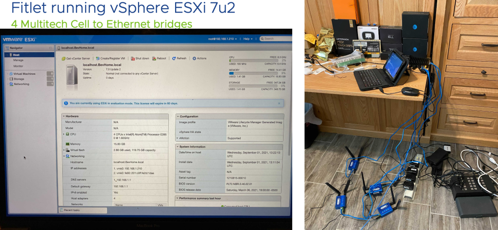 vSphere ui showing virtual appliance and multiple LTE connections along with picture of hardware lab